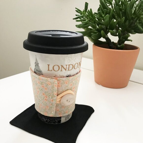 Handmade Fabric Coffee Cozy - Reusable Coffee Cup Sleeve, Peach Floral - Picture 4 of 5